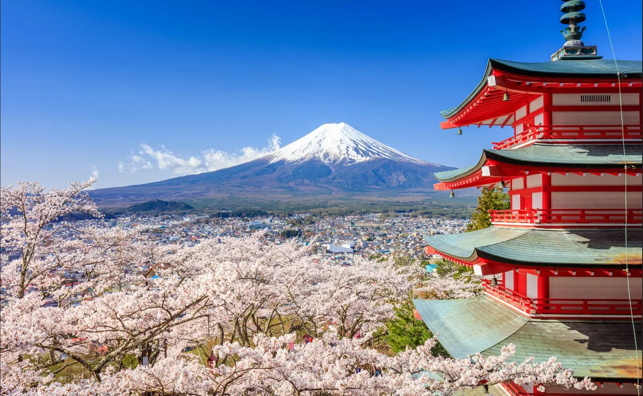 Cherry blossoms and a red pagoda overlooking a city and a snow-capped mountain
