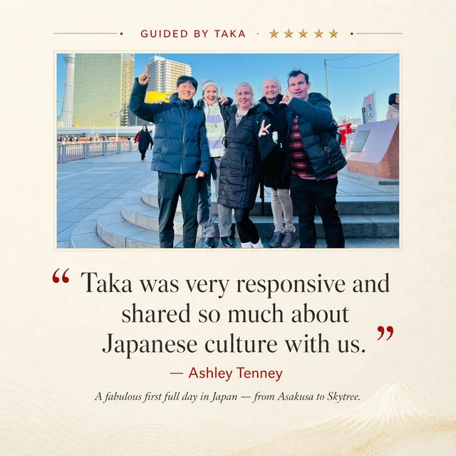 Five-star private Tokyo tour review from Ashley Tenney, guided by Taka