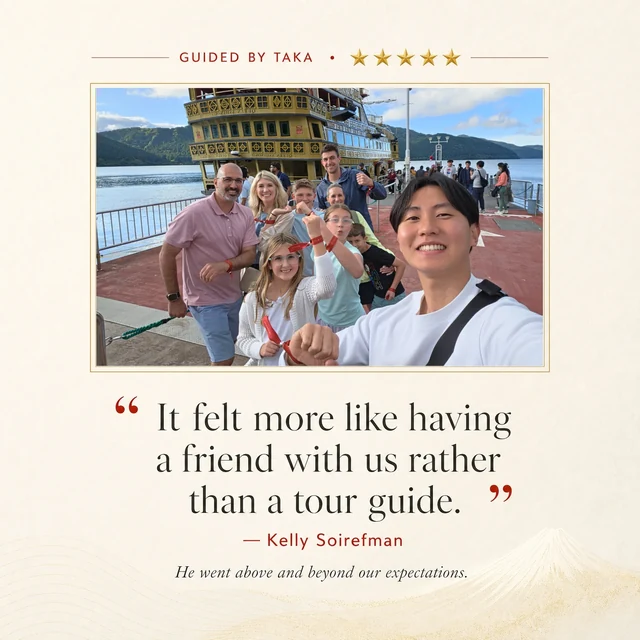 Five-star private tour review from Kelly Soirefman, guided by Taka