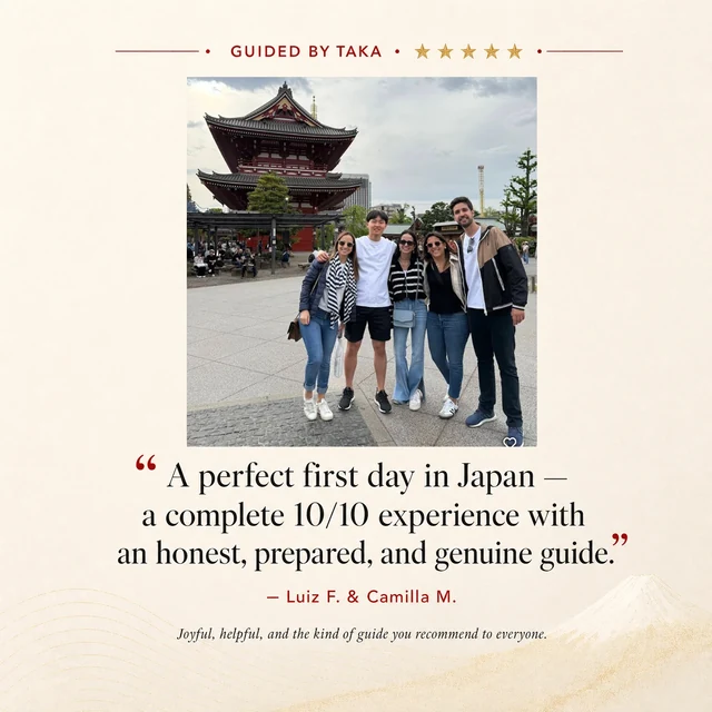Five-star private Tokyo tour review from Luiz F. and Camilla M., guided by Taka