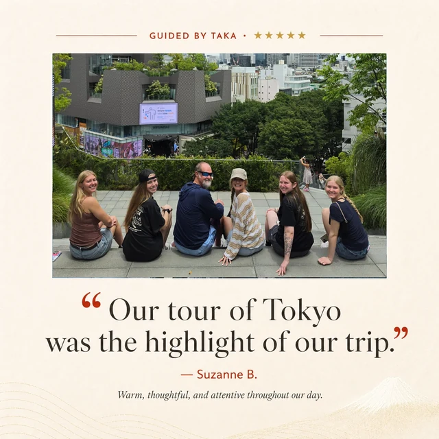 Five-star private Tokyo tour review from Suzanne B., guided by Taka